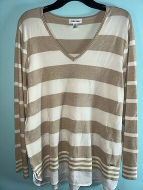 Calvin Klein Beige and Cream Striped V-Neck Pullover